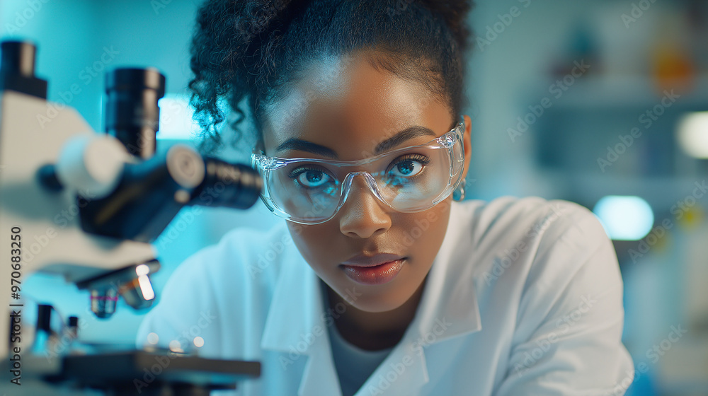 African American Scientist Working with Microscope African American Scientist Working with Microscope