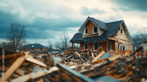 House Amid Pile of Debris Under Cloudy Sky, Suggesting a Natural Disaster, Blurry Background