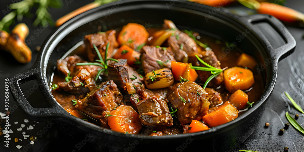 Savory Beef Stew Photo - Tender Beef, Carrots, and Herbs in a Cast Iron Pot Savory Beef Stew Photo - Tender Beef, Carrots, and Herbs in a Cast Iron Pot
