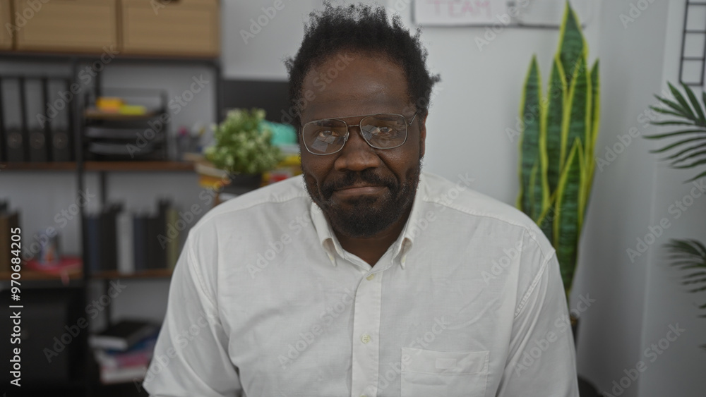 Handsome african american man with a beard sitting in an office room wearing glasses and a white shirt. Handsome african american man with a beard sitting in an office room wearing glasses and a white shirt.