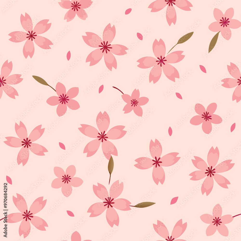 Fototapeta premium Adobe Illustrator Artwork pattern of cherry blossoms, using small, delicate flowers with minimal lines.