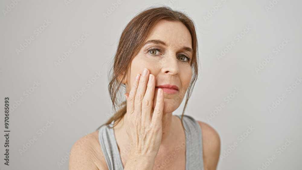 A contemplative mature woman examines her face against a white background, reflecting beauty and aging. A contemplative mature woman examines her face against a white background, reflecting beauty and aging.