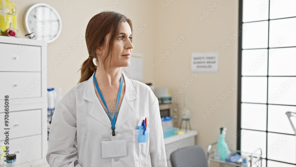 Middle-aged woman in white lab coat with id badge stands thoughtfully in bright laboratory interior. Middle-aged woman in white lab coat with id badge stands thoughtfully in bright laboratory interior.