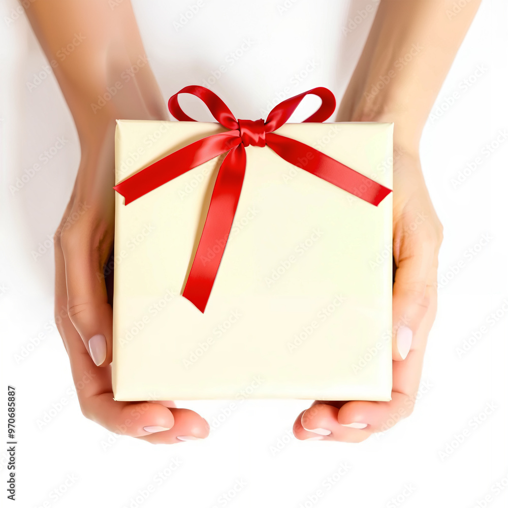 Gift Box with Red Ribbon Held by Hands - Perfect for Celebrations Gift Box with Red Ribbon Held by Hands - Perfect for Celebrations