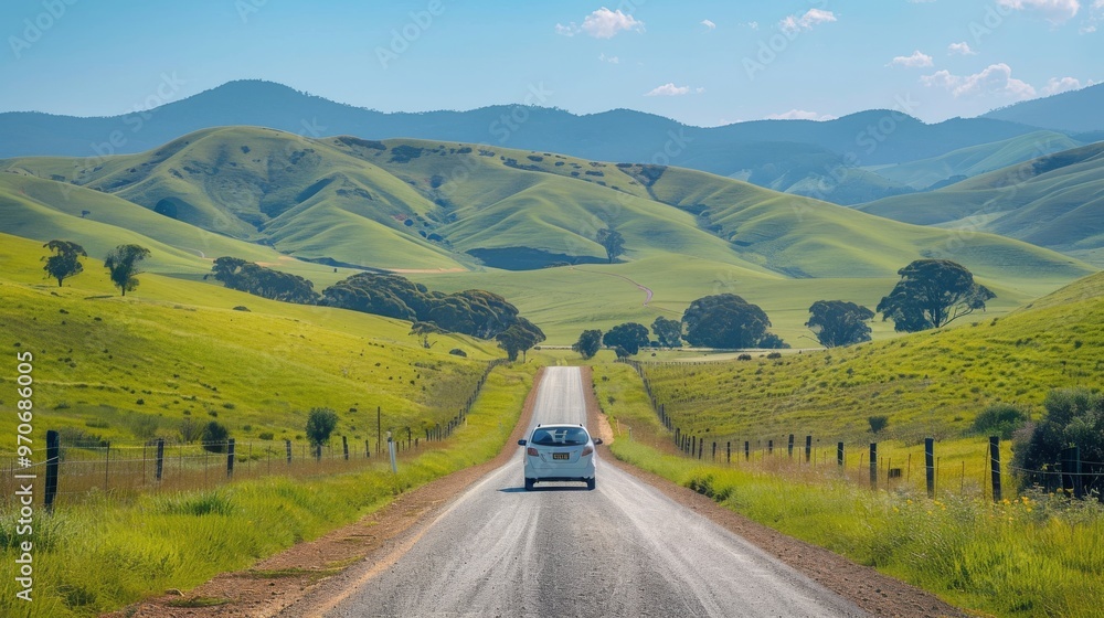 Fototapeta premium Car driving on a straight road through green rolling hills under blue sky