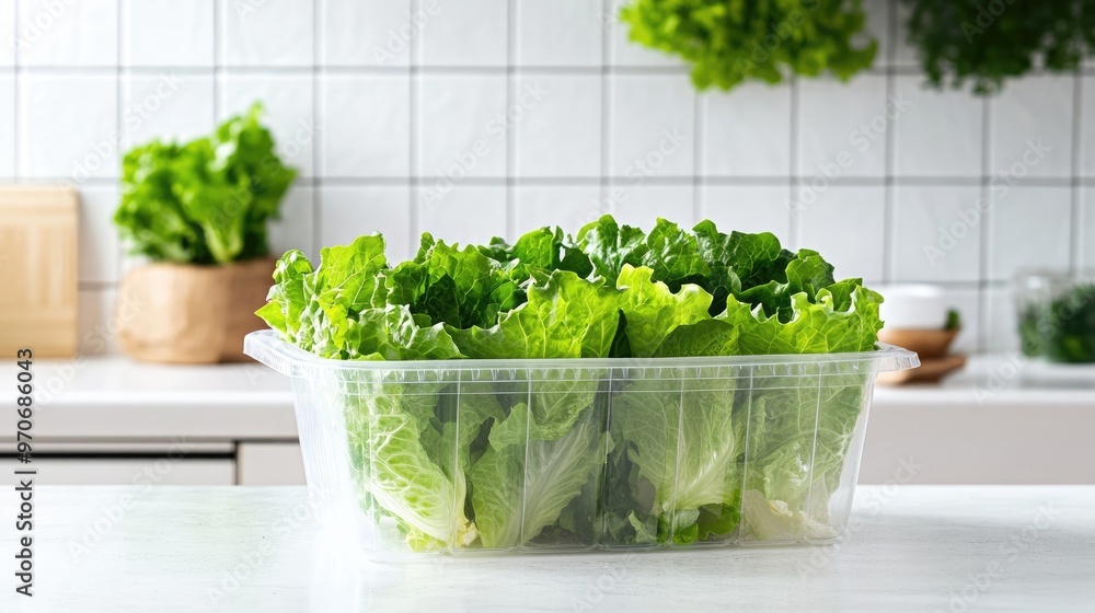 Fresh Organic Lettuce in a Clear Plastic Box on White Kitchen Counter, Promoting Healthy Eating Fresh Organic Lettuce in a Clear Plastic Box on White Kitchen Counter, Promoting Healthy Eating