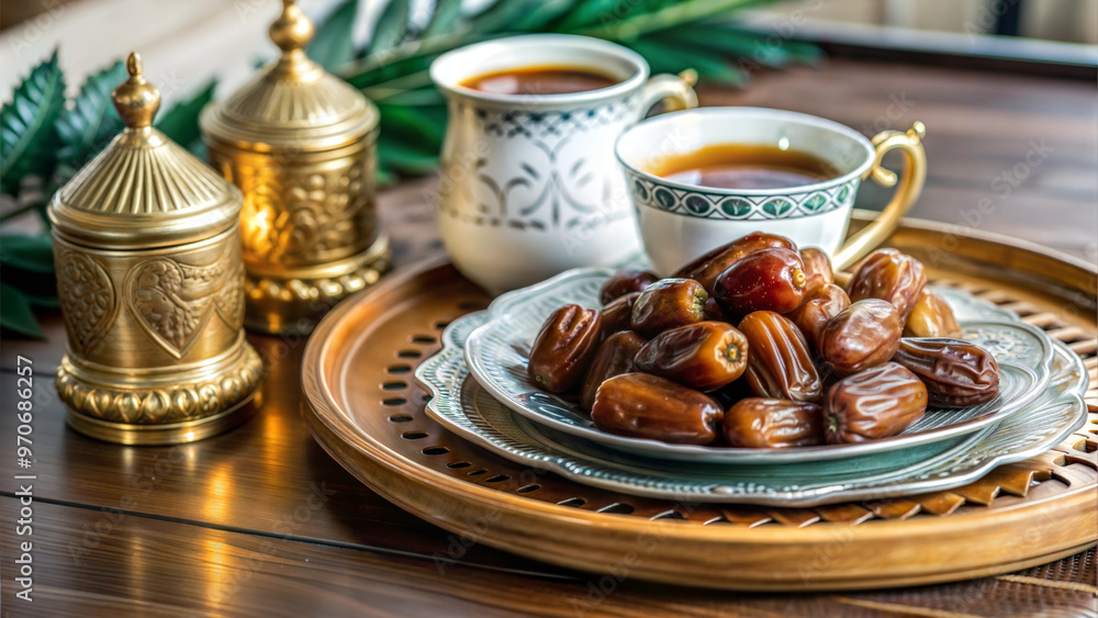 Traditional dates and coffee served on elegant plate with decorative golden pots for Ramadan gathering
Traditional dates and coffee served on elegant plate with decorative golden pots for Ramadan gathering