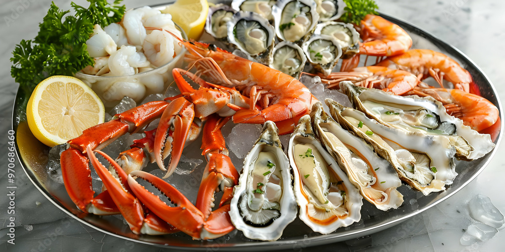 Chilled Fresh Seafood Platter Photo - Oysters, Crab, Shrimp, and Lemon Chilled Fresh Seafood Platter Photo - Oysters, Crab, Shrimp, and Lemon