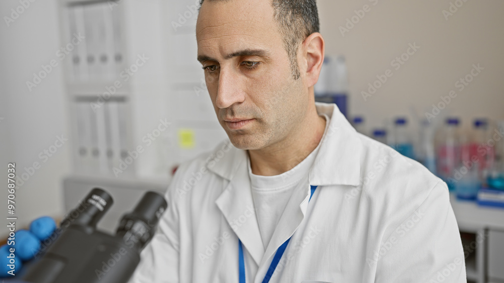 Focused scientist man in lab coat analyzing specimen with microscope in a laboratory setting Focused scientist man in lab coat analyzing specimen with microscope in a laboratory setting
