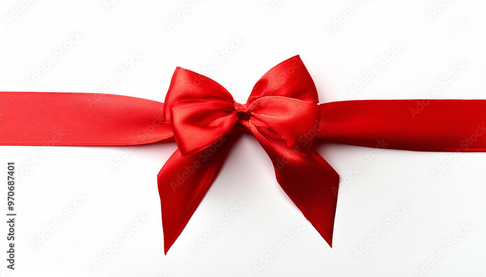Red satin ribbon with bow on white background, top view Red satin ribbon with bow on white background, top view