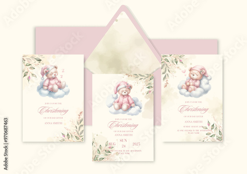 Baptism, Christening, First Holy Communion Confirmation Invitation Template with plush toy bear sleep on cloud.