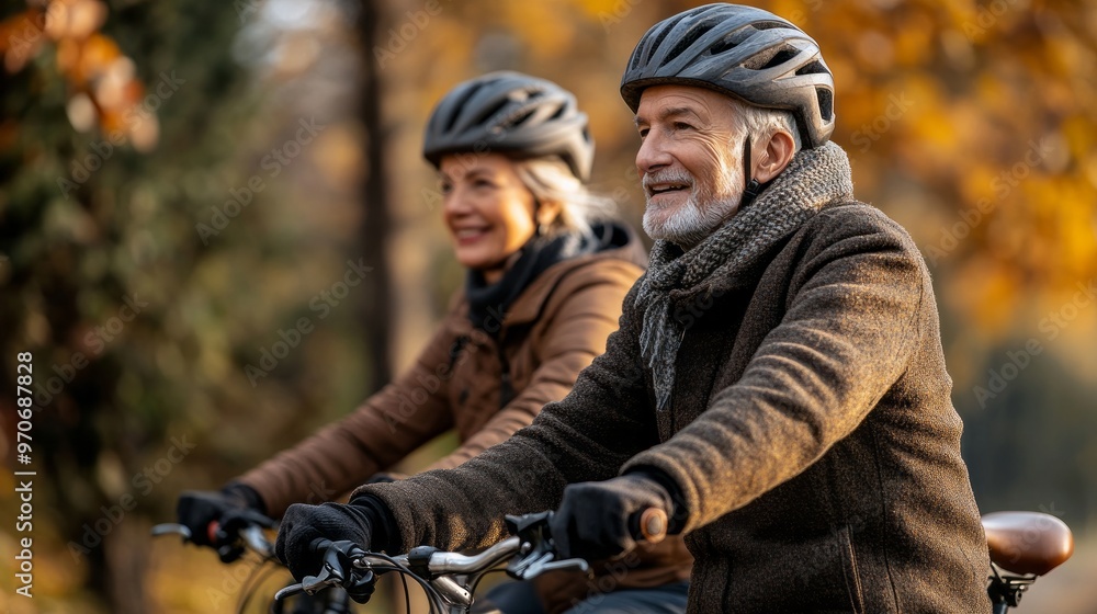 Fototapeta premium An older couple rides bicycles side by side through a colorful park filled with autumn leaves, sharing smiles and enjoying the fresh air on a pleasant day