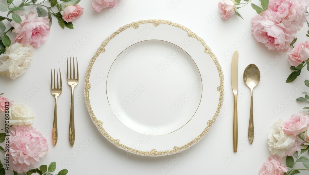 A white plate with gold trim, surrounded by pink flowers and cutlery on the table for an elegant dinner party, flat lay. White background. A white plate with gold trim, surrounded by pink flowers and cutlery on the table for an elegant dinner party, flat lay. White background.