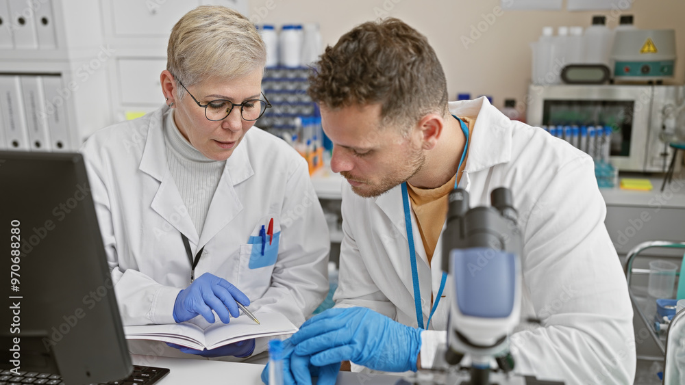 A woman and man, in lab coats, analyze data in a science laboratory, conveying teamwork and research. A woman and man, in lab coats, analyze data in a science laboratory, conveying teamwork and research.