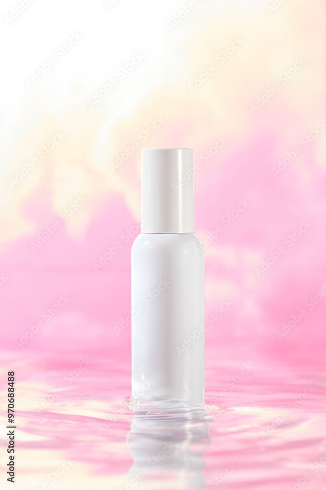 A beauty product advertisement photo featuring a glossy white unlabeled spray bottle standing on a calm water surface slightly rippled by waves against a pink sunset sky. A beauty product advertisement photo featuring a glossy white unlabeled spray bottle standing on a calm water surface slightly rippled by waves against a pink sunset sky.