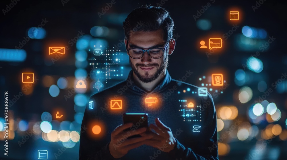 A man uses his smartphone in the city at night, with digital icons floating around him. A man uses his smartphone in the city at night, with digital icons floating around him.