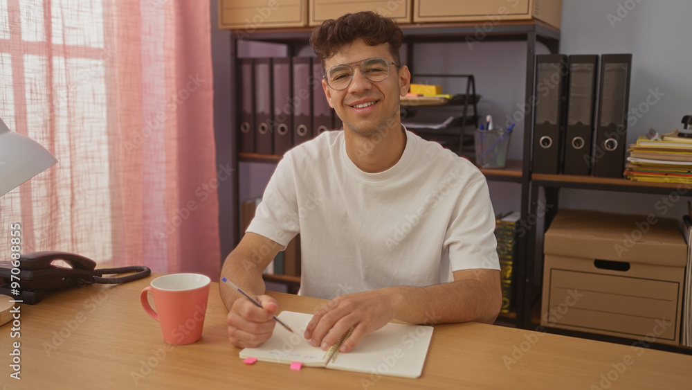 Young hispanic man sitting at a desk in an office workspace, smiling as he writes in a notebook with a coffee mug and office supplies in the background. Young hispanic man sitting at a desk in an office workspace, smiling as he writes in a notebook with a coffee mug and office supplies in the background.