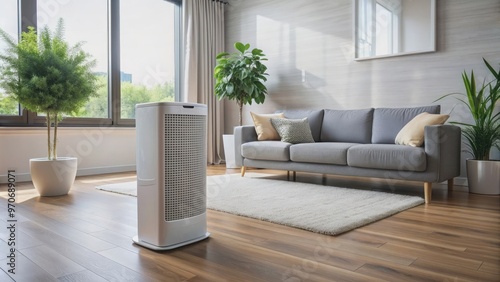 Air purifier quietly purifying air in a modern living room setting, air purifier, living room photo