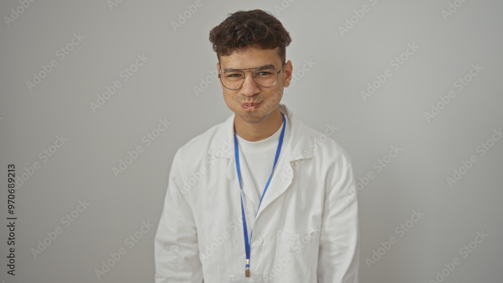 A handsome young hispanic man wearing glasses and a white lab coat poses playfully against an isolated white background. A handsome young hispanic man wearing glasses and a white lab coat poses playfully against an isolated white background.
