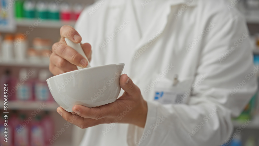 A young hispanic man in a pharmacy, indoors, preparing a mixture with a mortar and pestle, wearing a white lab coat. A young hispanic man in a pharmacy, indoors, preparing a mixture with a mortar and pestle, wearing a white lab coat.