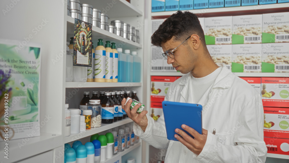Young hispanic man in a pharmacy examining medications while holding a tablet and surrounded by various health products on shelves. Young hispanic man in a pharmacy examining medications while holding a tablet and surrounded by various health products on shelves.