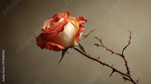 Fototapeta Naklejka Na Ścianę i Meble -   A single delicate rose with soft orange and pink petals stands against a muted background, its thorns symbolizing both beauty and resilience.