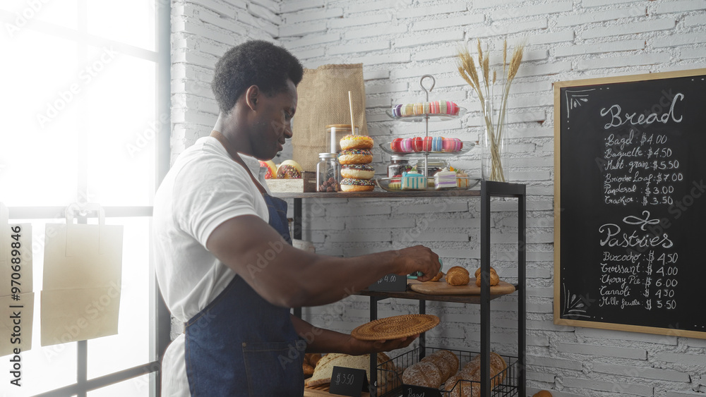 Young african american man arranging pastries in a bakery shop surrounded by a variety of bread and desserts Young african american man arranging pastries in a bakery shop surrounded by a variety of bread and desserts