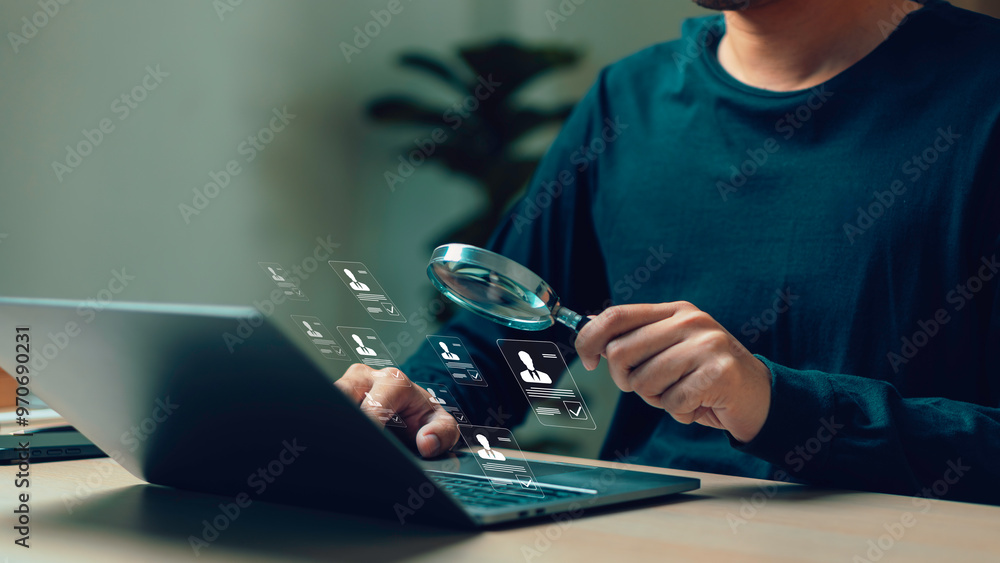 Employee selection, businessman process select the optimum resume application form, recruitment to interview and join with company. interviewing and hiring through an internet recruitment agency.