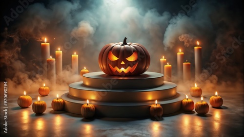 A minimalist Halloween-themed podium in the center, with glowing jack-o'-lanterns on both sides, surrounded by eerie mist and floating candles, creating a festive yet mysterious atmosphere.