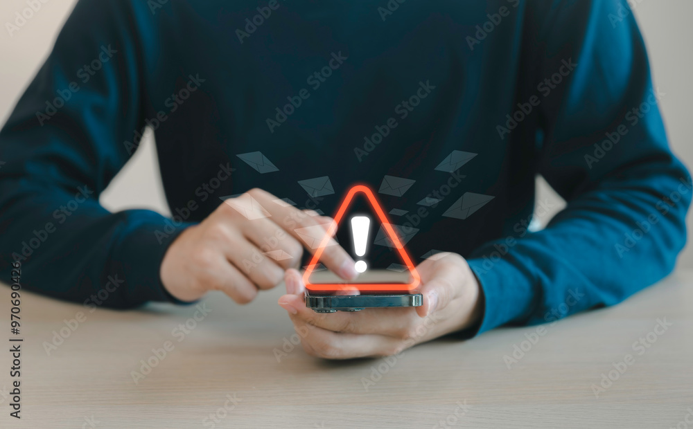 System warning caution alert, scam virus attack on notification email by smartphone to customer, Network security vulnerability, data breach, illegal connection and information danger.
