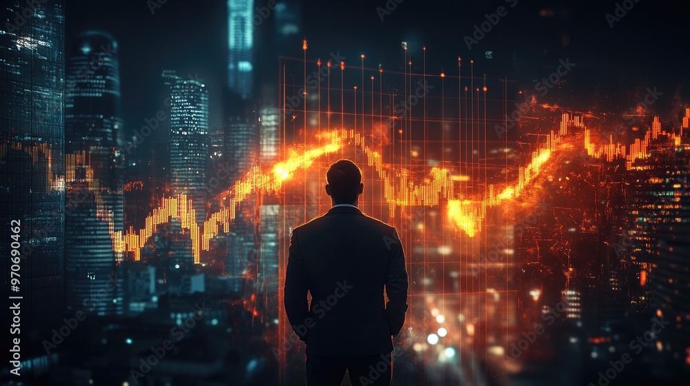 A businessman stands in front of a cityscape with a glowing stock market graph behind him, looking towards the future. A businessman stands in front of a cityscape with a glowing stock market graph behind him, looking towards the future.