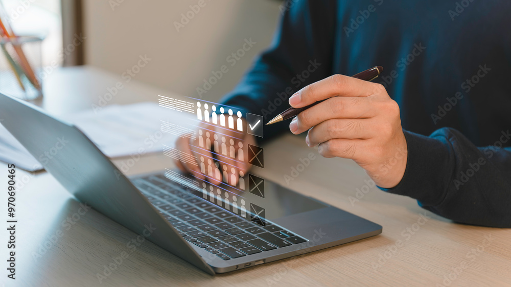 Employee team selection, businessman process Teamwork Strategy, HR management concept, administration of human resources within an organization, focusing on recruitment, training, conflict resolution.