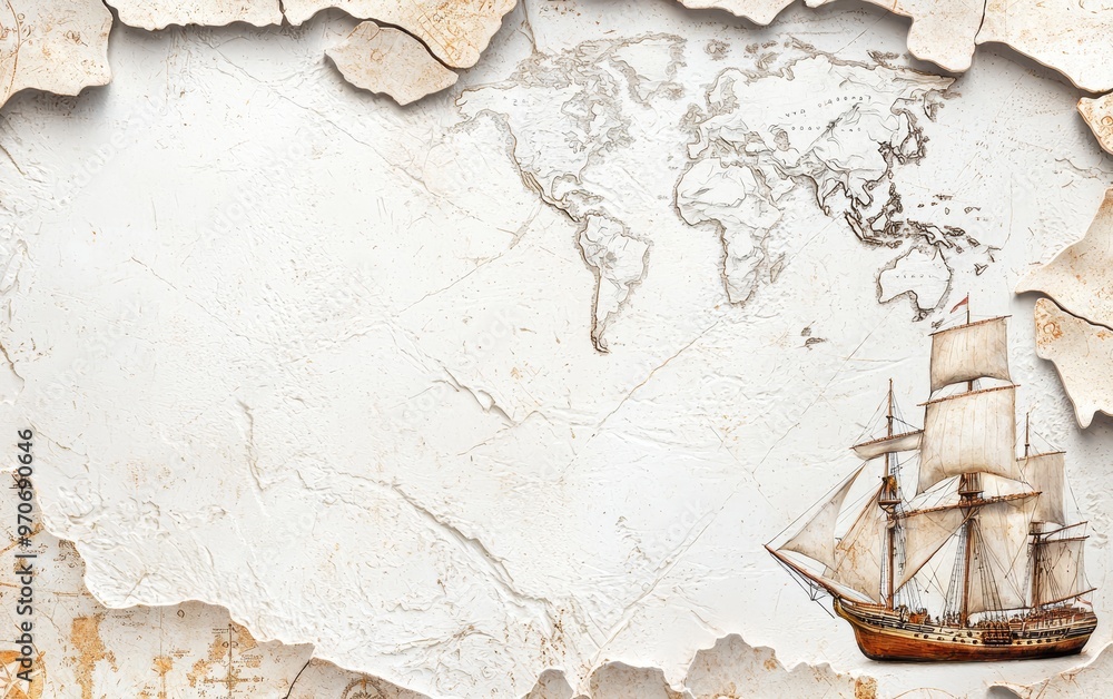 Fototapeta premium A historical collage of explorers and their ships, featuring engraved maps and navigational tools