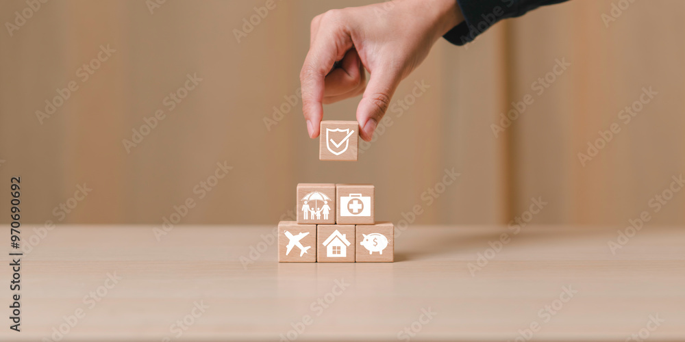 Insurance and assurance concept, person protect with insurance for medical, life, saving, home, travel insurance.