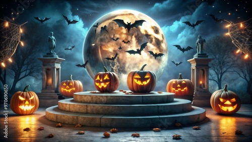 A dark, spooky setting with a podium in the middle, surrounded by carved pumpkins with creepy faces, bats flying around, and a full moon casting soft light, enhancing the Halloween spirit.