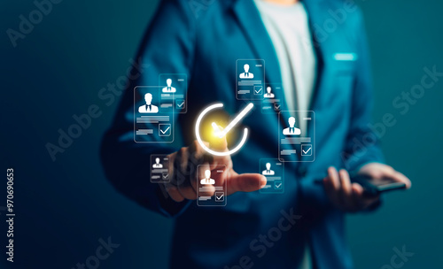 Obraz na płótnie Employee selection, businessman process select the optimum resume application form, recruitment to interview and join with company. interviewing and hiring through an internet recruitment agency. w salonie