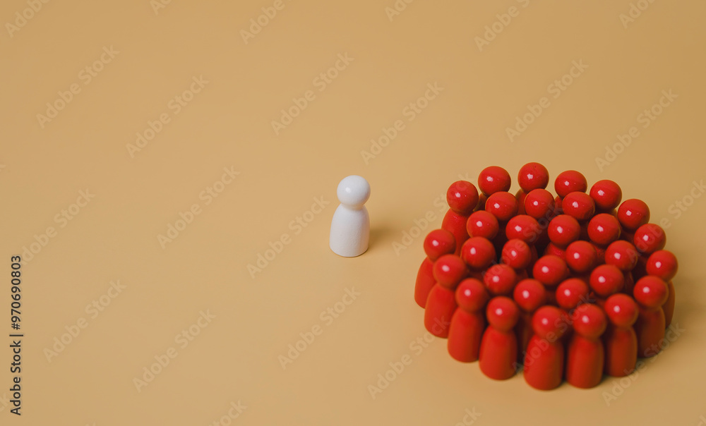 leadership concept, a lonne white figure standing is leader of team business, A team group of people are standing in a circle, Concept of unity and togethernes