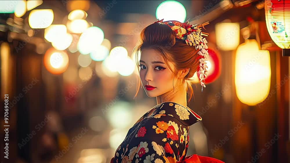 pretty young Japanese woman smiling, walking on old town city street with bokeh light at evening pretty young Japanese woman smiling, walking on old town city street with bokeh light at evening