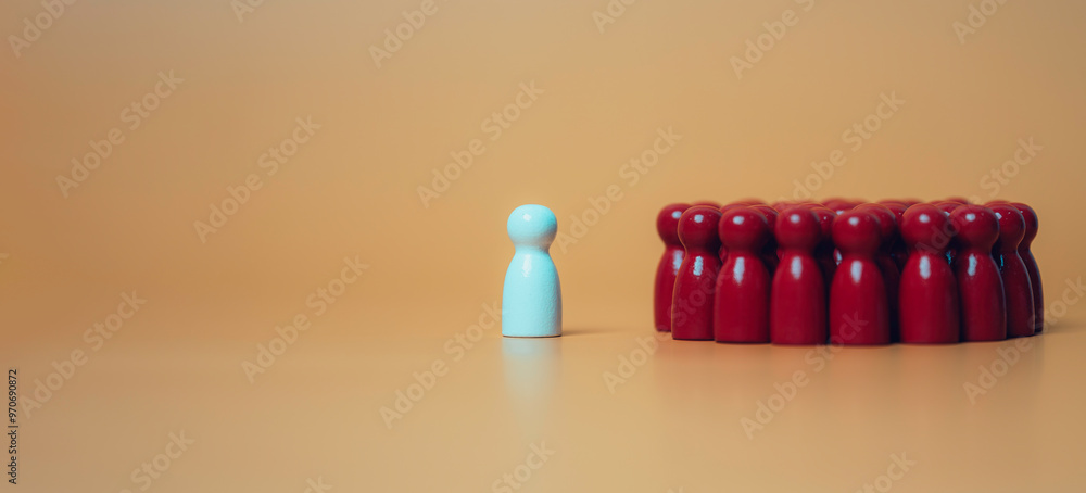 leadership concept, a lonne white figure standing is leader of team business, A team group of people are standing in a circle, Concept of unity and togethernes