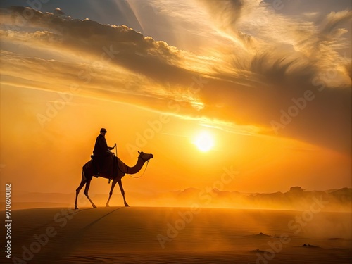 Silhouette of camel rider traversing vast empty landscape at dawn with soft warm light and gentle mist