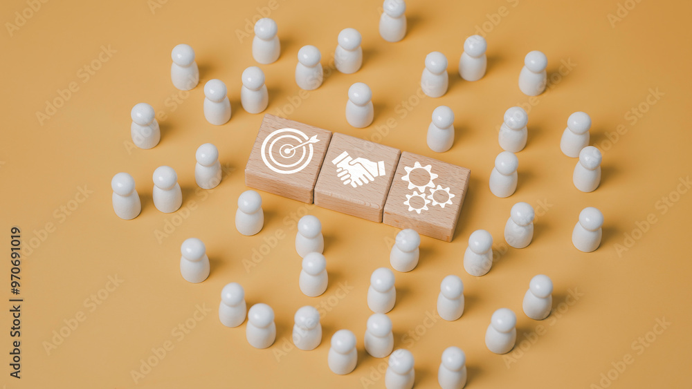 A group of wooden dolls are standing around icon arrow target. Concept of teamwork and collaboration, Collaboration in business development and promotion
