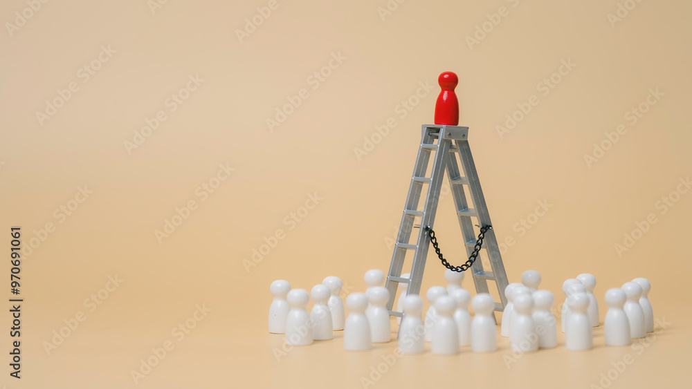 A wooden dolls on ladder is standing, and a wooden dolls is surrounded, Leading and developing the organization's people helps drive the business to success.