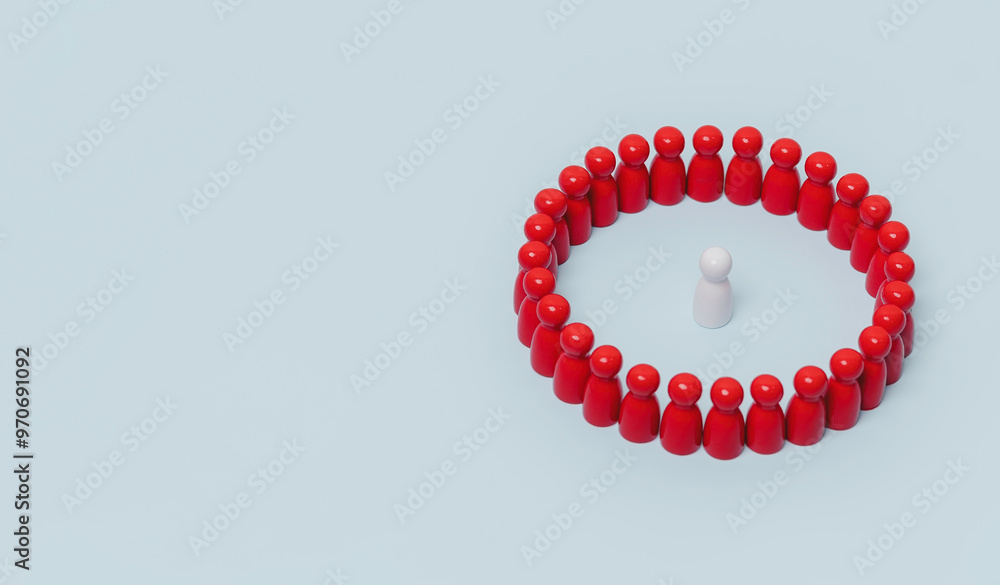leadership concept, a lonne white figure standing is leader of team business, A team group of people are standing in a circle, Concept of unity and togethernes