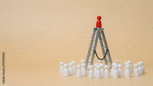 Obraz na płótnie A wooden dolls on ladder is standing, and a wooden dolls is surrounded, Leading and developing the organization's people helps drive the business to success. w salonie