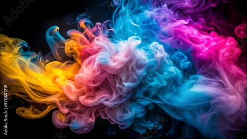 A vibrant, multicolored smoke swirl blending shades of pink, blue, and yellow against a dark background, creating a dynamic and abstract atmosphere with soft lighting.