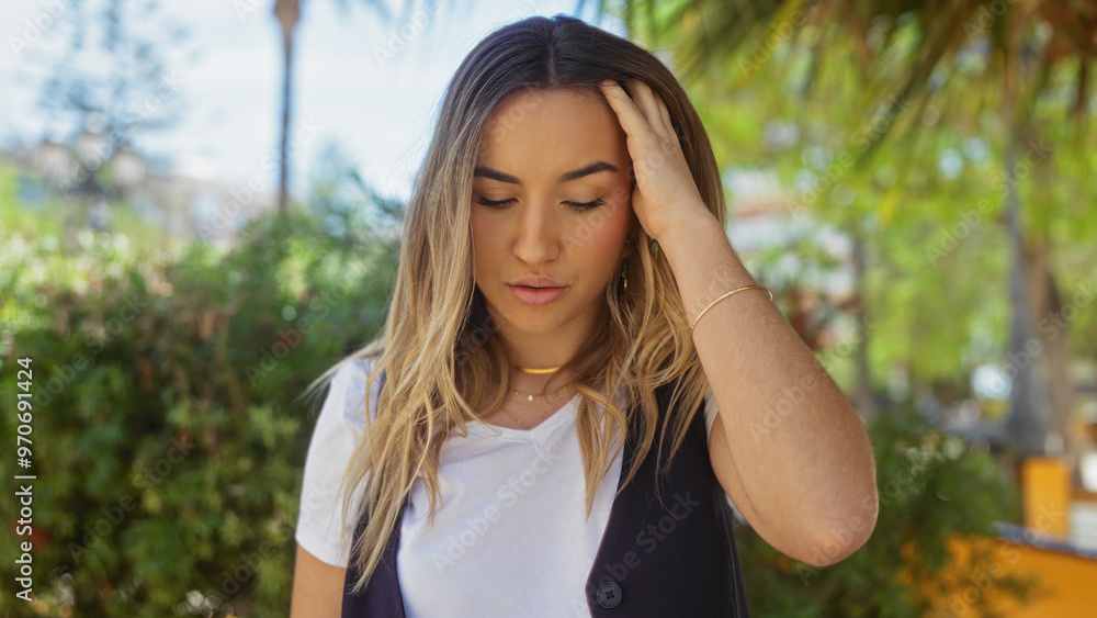 A beautiful young blonde woman in an urban park setting appears thoughtful and tranquil amidst the city greenery outdoors. A beautiful young blonde woman in an urban park setting appears thoughtful and tranquil amidst the city greenery outdoors.