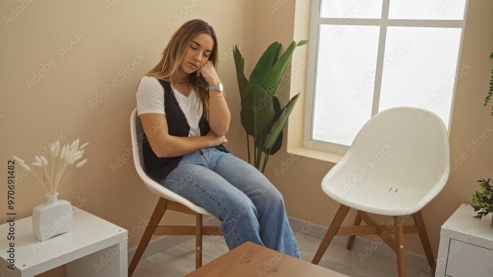 A young blonde woman looks bored while sitting in a waiting room with light-colored walls and minimalistic decor, including two modern chairs and a small side table with a plant. A young blonde woman looks bored while sitting in a waiting room with light-colored walls and minimalistic decor, including two modern chairs and a small side table with a plant.