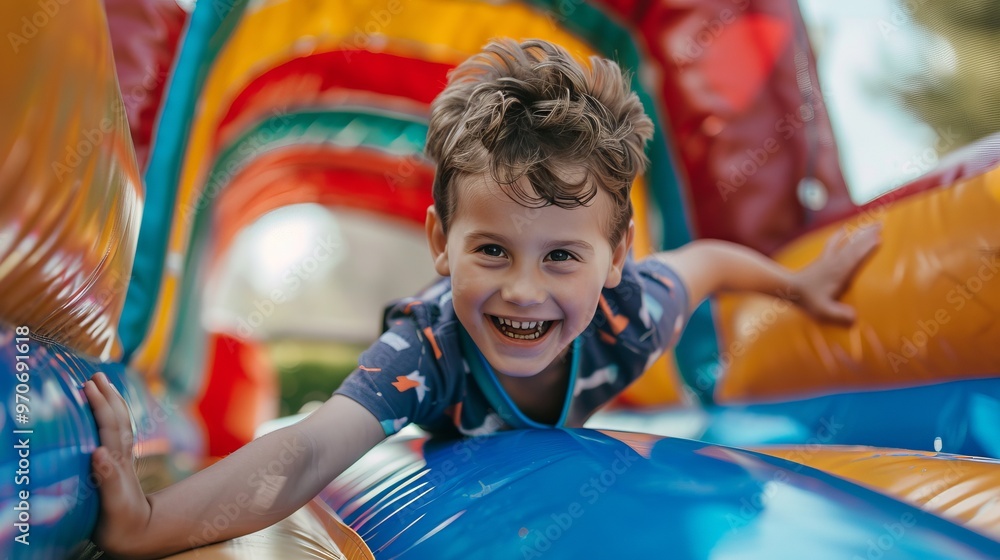 A young boy is playing on a bouncy castle A young boy is playing on a bouncy castle