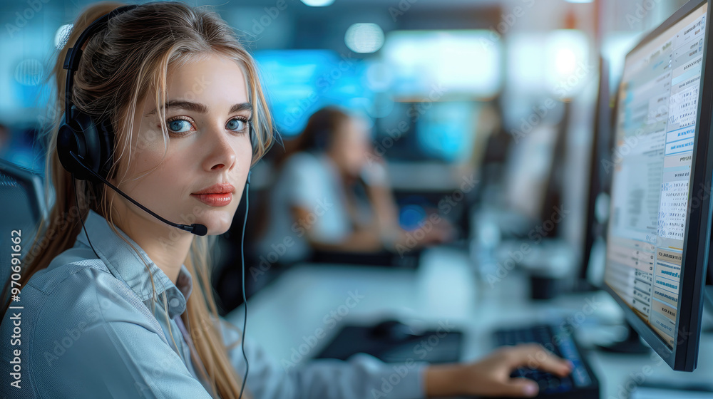 A dedicated support call center worker, focused and diligent, is seated at desk in a busy, modern call center. is intently reviewing a customer checking account activity on large computer screen. A dedicated support call center worker, focused and diligent, is seated at desk in a busy, modern call center. is intently reviewing a customer checking account activity on large computer screen.