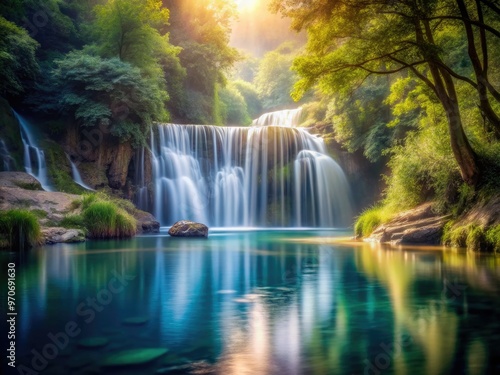 Mystical waterfall descending into a peaceful serene lake with ripples and subtle reflections in a soft calming color scheme with delicate focus